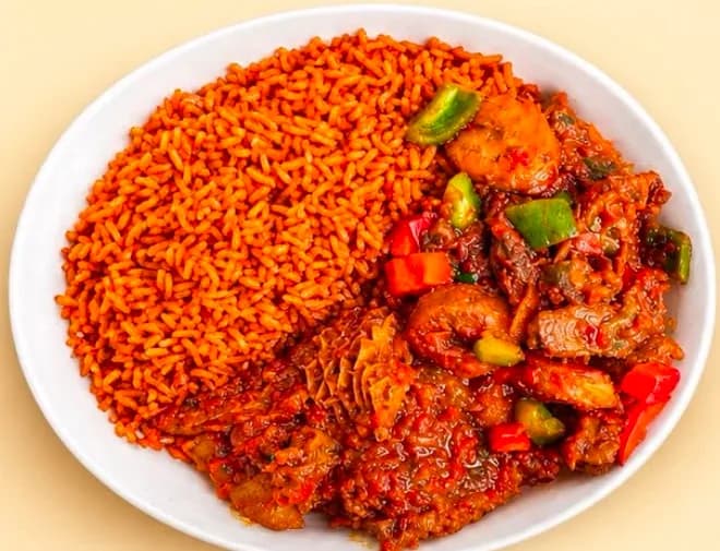 A plate of jollof rice with stew from Kelly's Eatery